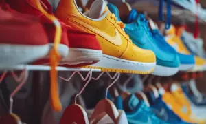 En rad färgglada sneakers, från rött till gult och blått, hänger på krokar. Perfekt för att torka skor efter en blöt dag.