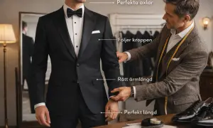 En skräddare justerar en smoking för perfekt passform. En guide till dresscode smoking.