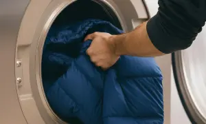 En hand lägger en blå dunjacka i en torktumlare för att fluffa upp dunet.