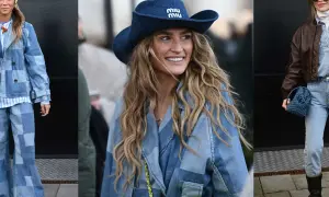 Tre kvinnor visar upp sina denimlooks. En bär en hel outfit i gul och blå jeans, en annan en cowboyhatt och jacka i jeans, och den tredje en brun jacka över jeans.