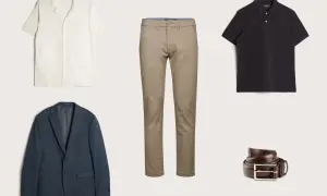 En mörkblå kavaj, beige chinos, en vit och en svart pikétröja samt ett brunt läderbälte. En komplett outfit för en stilfull pike under kavaj.