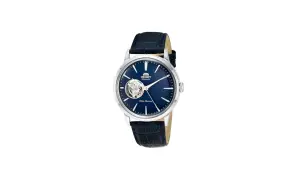Elegant Orient Bambino Open Heart klocka med blå urtavla och mörkblått läderarmband.