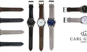 Flera Carl Gustaf watches med olika urtavlor och armband i läder och mocka. En logotyp med texten "CARL GUSTAF SWISS MADE" syns också.