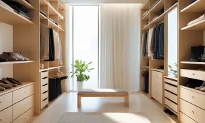 En walk-in-closet med kläder och skor, perfekt för snygga 50-åringar som uppskattar ordning och stil.