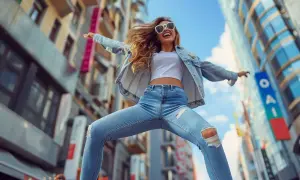 Glad kvinna i trasiga jeans hoppar i stadsmiljö. Frågan "hur långa ska jeans vara" besvaras med denna trendiga, ankellånga modell.