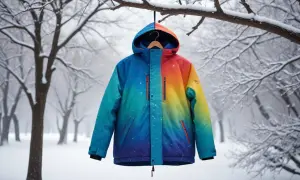 Färgglad jacka med stjärnmönster hänger på en gren i snöig skog. Reflexer på benen syns inte, men jackan är redo för äventyr.