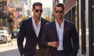 Två män i mörka kostymer och solglasögon, med en tydlig italiensk stil, promenerar på en stadsgata.