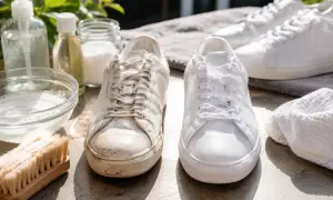 Två vita sneakers, en smutsig och en nyvättad, bredvid rengöringstillbehör. Perfekt för skovård.