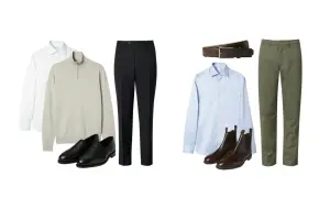 Två outfits för business casual skor: svarta loafers med grå tröja och vita skjortan, eller bruna chelseaboots med ljusblå skjorta och gröna byxor.