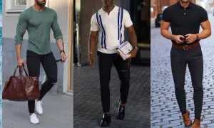 Tre män visar upp olika stilar. Den första har en grön tröja och svarta jeans, vilket visar vad casual betyder. Den andra bär en randig pikétröja och den tredje en svart pikétröja.