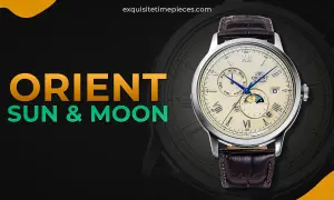 Orient Sun & Moon-klocka med elegant urtavla som visar dag, datum och en sol- och månfönster.