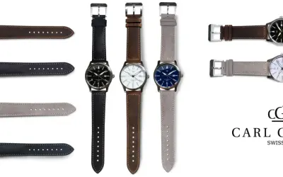 Flera Carl Gustaf watches med olika urtavlor och armband i läder och mocka. En logotyp med texten "CARL GUSTAF SWISS MADE" syns också.