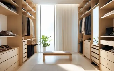 En walk-in-closet med kläder och skor, perfekt för snygga 50-åringar som uppskattar ordning och stil.