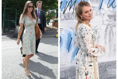 Två kvinnor i klänningar. Den ena, en Sloane Ranger-typ, går i en blommig klänning. Den andra poserar i en mönstrad klänning.