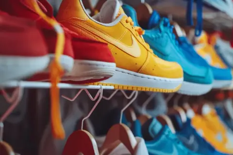 En rad färgglada sneakers, från rött till gult och blått, hänger på krokar. Perfekt för att torka skor efter en blöt dag.