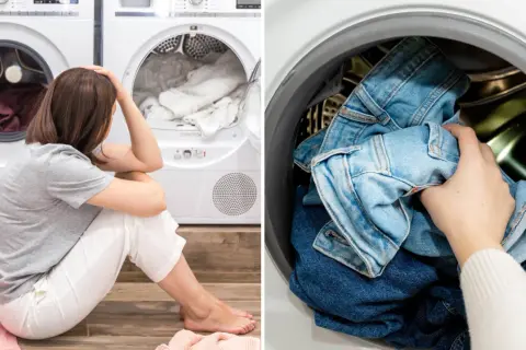 Trött kvinna sitter vid en torktumlare. En hand stoppar in jeans i en annan torktumlare. Torktumla polyester kan vara knepigt.