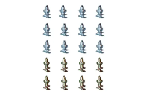 En rad med små, metalliska broddar att skruva i skor för bättre grepp på is och snö.