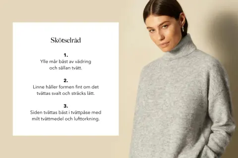 En kvinna bär en grå polotröja i mjukt linne material. Skötselråd för kläder visas bredvid.
