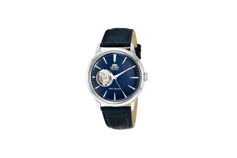 Elegant Orient Bambino Open Heart klocka med blå urtavla och mörkblått läderarmband.