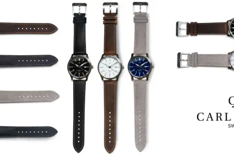 Flera Carl Gustaf watches med olika urtavlor och armband i läder och mocka. En logotyp med texten "CARL GUSTAF SWISS MADE" syns också.