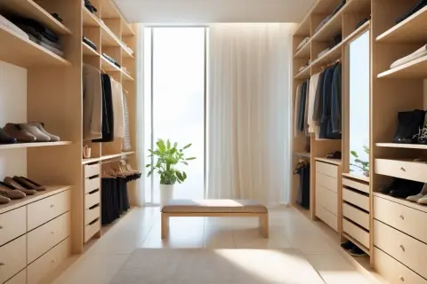 En walk-in-closet med kläder och skor, perfekt för snygga 50-åringar som uppskattar ordning och stil.