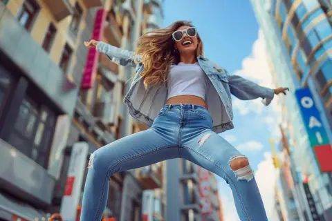 Glad kvinna i trasiga jeans hoppar i stadsmiljö. Frågan "hur långa ska jeans vara" besvaras med denna trendiga, ankellånga modell.