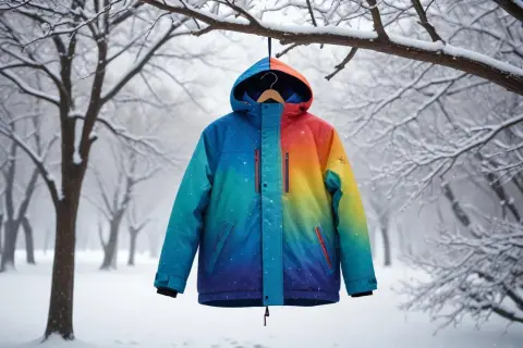 Färgglad jacka med stjärnmönster hänger på en gren i snöig skog. Reflexer på benen syns inte, men jackan är redo för äventyr.