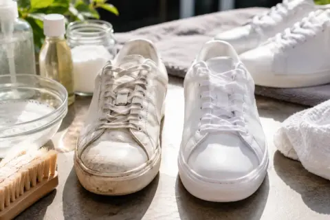 Två vita sneakers, en smutsig och en nyvättad, bredvid rengöringstillbehör. Perfekt för skovård.