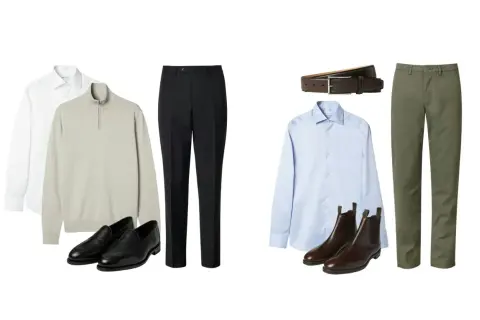 Två outfits för business casual skor: svarta loafers med grå tröja och vita skjortan, eller bruna chelseaboots med ljusblå skjorta och gröna byxor.