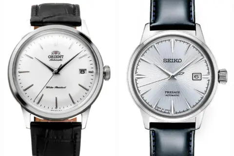 Två eleganta armbandsur: en vit urtavla med datum från Orient, en klassisk orient star, och en silverfärgad med solborstat mönster från Seiko.