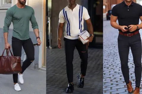 Tre män visar upp olika stilar. Den första har en grön tröja och svarta jeans, vilket visar vad casual betyder. Den andra bär en randig pikétröja och den tredje en svart pikétröja.