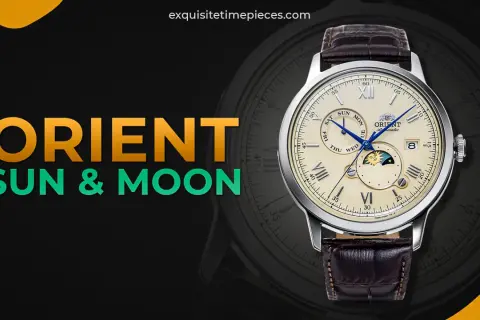 Orient Sun & Moon-klocka med elegant urtavla som visar dag, datum och en sol- och månfönster.