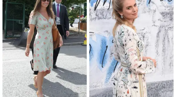 Två kvinnor i klänningar. Den ena, en Sloane Ranger-typ, går i en blommig klänning. Den andra poserar i en mönstrad klänning.