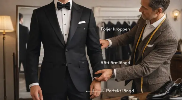 En skräddare justerar en smoking för perfekt passform. En guide till dresscode smoking.