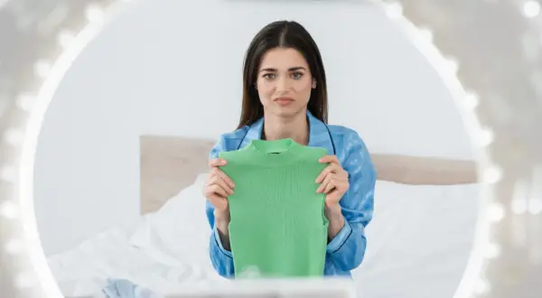 En kvinna i blå pyjamas håller upp en grön topp och ser bekymrad ut, som om hon upptäckt att bomullen krymper.