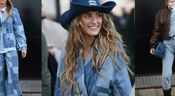 Tre kvinnor visar upp sina denimlooks. En bär en hel outfit i gul och blå jeans, en annan en cowboyhatt och jacka i jeans, och den tredje en brun jacka över jeans.