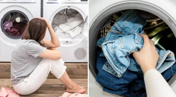 Trött kvinna sitter vid en torktumlare. En hand stoppar in jeans i en annan torktumlare. Torktumla polyester kan vara knepigt.