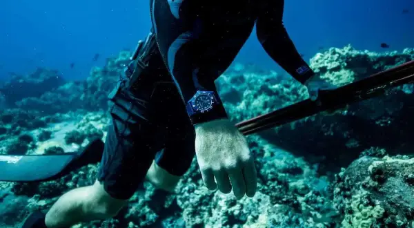 Dykare med harpun och klocka utforskar det djupa ocean x.