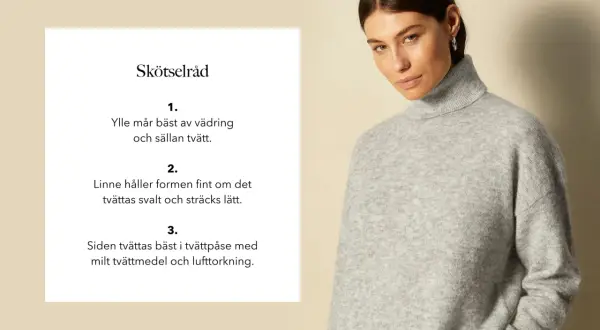 En kvinna bär en grå polotröja i mjukt linne material. Skötselråd för kläder visas bredvid.