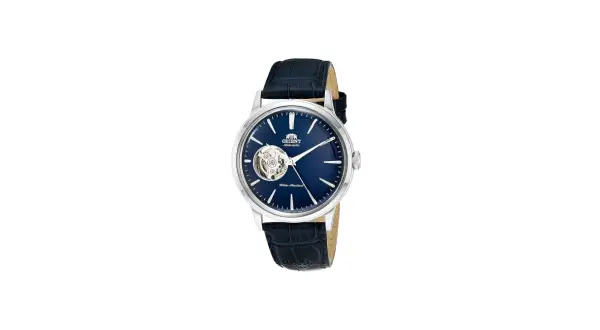 Elegant Orient Bambino Open Heart klocka med blå urtavla och mörkblått läderarmband.