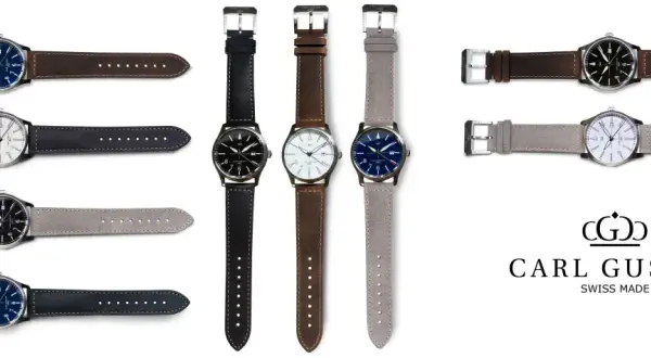 Flera Carl Gustaf watches med olika urtavlor och armband i läder och mocka. En logotyp med texten "CARL GUSTAF SWISS MADE" syns också.