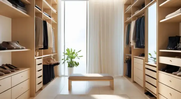 En walk-in-closet med kläder och skor, perfekt för snygga 50-åringar som uppskattar ordning och stil.