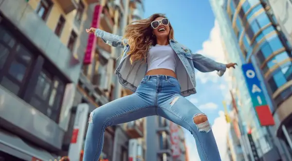 Glad kvinna i trasiga jeans hoppar i stadsmiljö. Frågan "hur långa ska jeans vara" besvaras med denna trendiga, ankellånga modell.