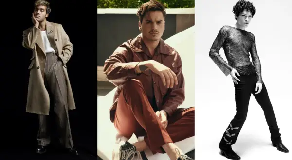 Tre manliga influencers visar upp sina unika stilar inom mode. En bär en beige rock och rutiga byxor, en annan en brun läderjacka och rostfärgade byxor, och den tredje en glittrig topp och svarta byxor.