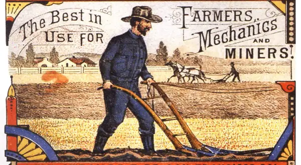 En bonde plöjer åkern i slitstarka kläder, en del av jeans historia. Levi Strauss & Co. San Francisco.