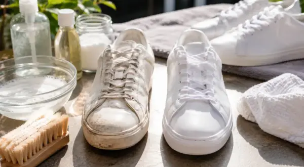 Två vita sneakers, en smutsig och en nyvättad, bredvid rengöringstillbehör. Perfekt för skovård.