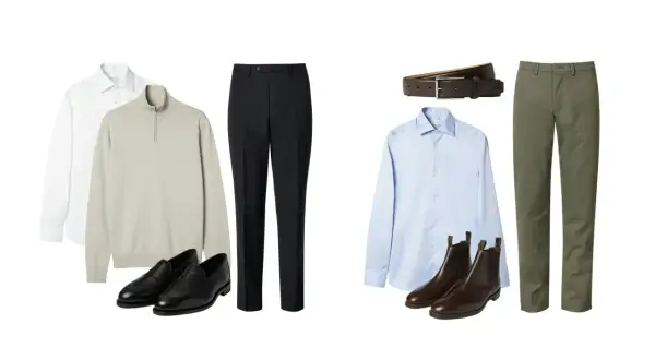 Två outfits för business casual skor: svarta loafers med grå tröja och vita skjortan, eller bruna chelseaboots med ljusblå skjorta och gröna byxor.