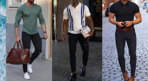 Tre män visar upp olika stilar. Den första har en grön tröja och svarta jeans, vilket visar vad casual betyder. Den andra bär en randig pikétröja och den tredje en svart pikétröja.