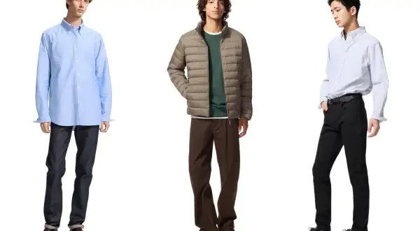 Tre män visar upp olika sommarstil herr-outfits: ljusblå skjorta med jeans, tunn jacka med grön tröja och bruna byxor, samt randig skjorta med svarta jeans.