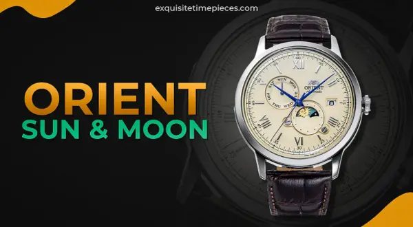 Orient Sun & Moon-klocka med elegant urtavla som visar dag, datum och en sol- och månfönster.